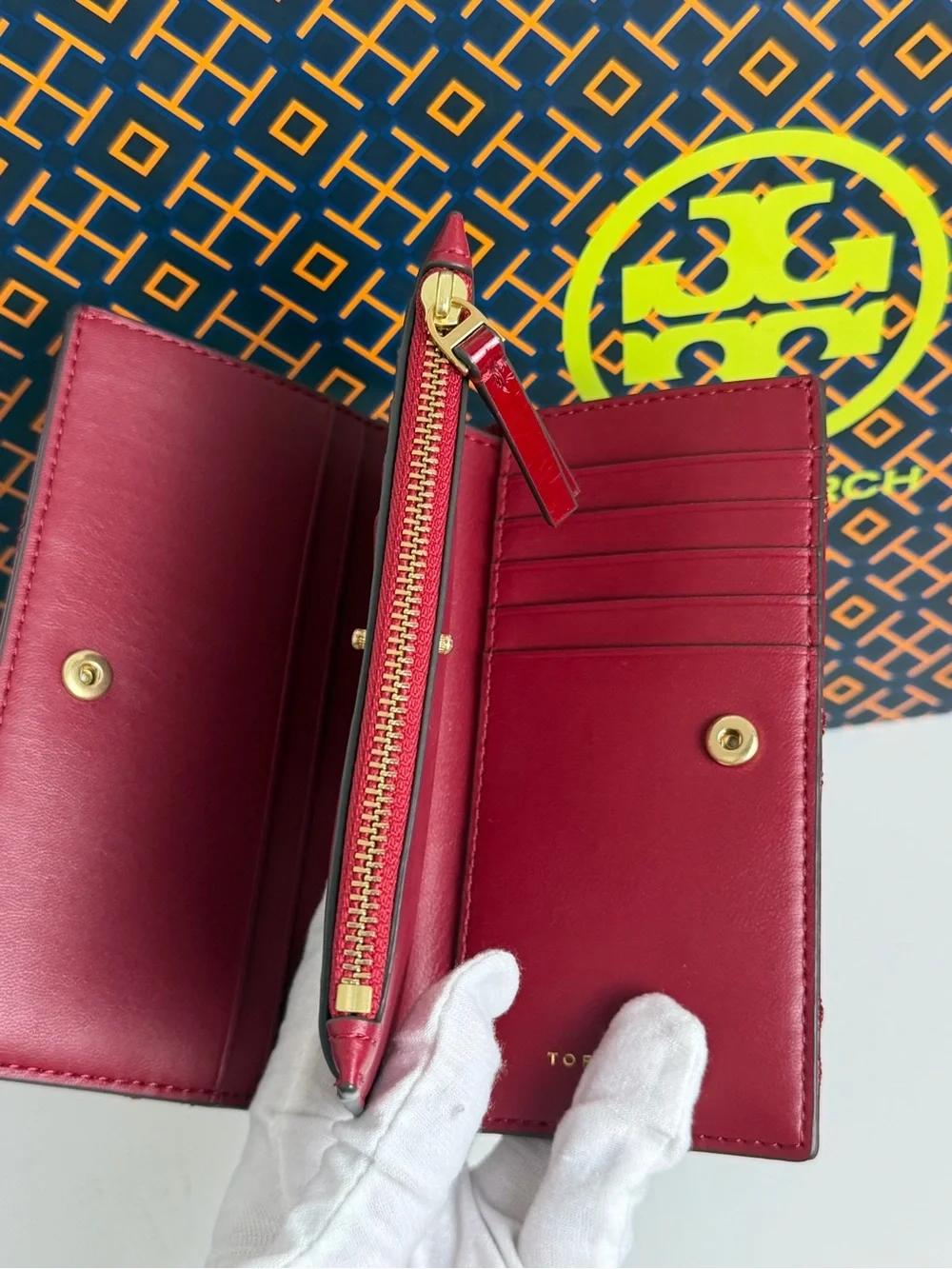 Tory Burch Red Quilted Patent Leather Continental Wallet with Gold Logo